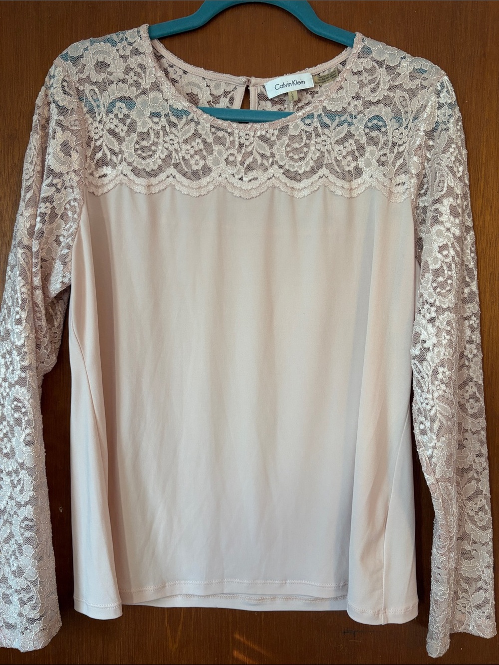 Calvin Klein Lace Yoke Long Sleeve Top - Blush Pink